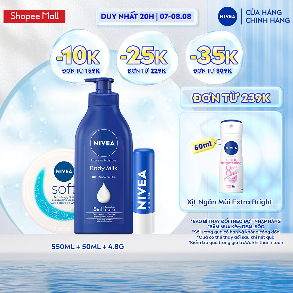 Bộ 3 Sữa Dưỡng Thể NIVEA Dưỡng Ẩm Chuyên Sâu 550ml + Kem Dưỡng Mềm Da NIVEA 50ml + Son Dưỡng 4.8g - 98943+89054+85061
