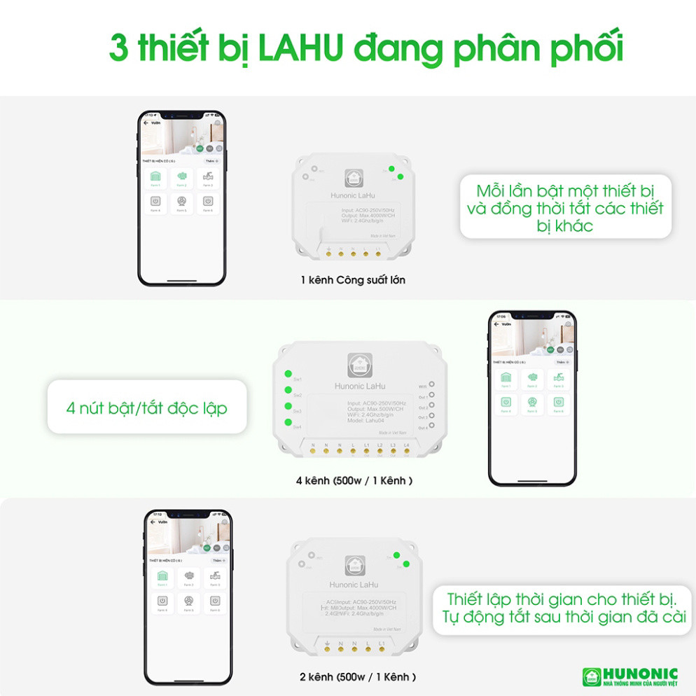 Công Tắc Wifi Hunonic Lahu Thông Minh, Hẹn Giờ Không Cần Internet RTC, Công Suất Đến 4000W"
