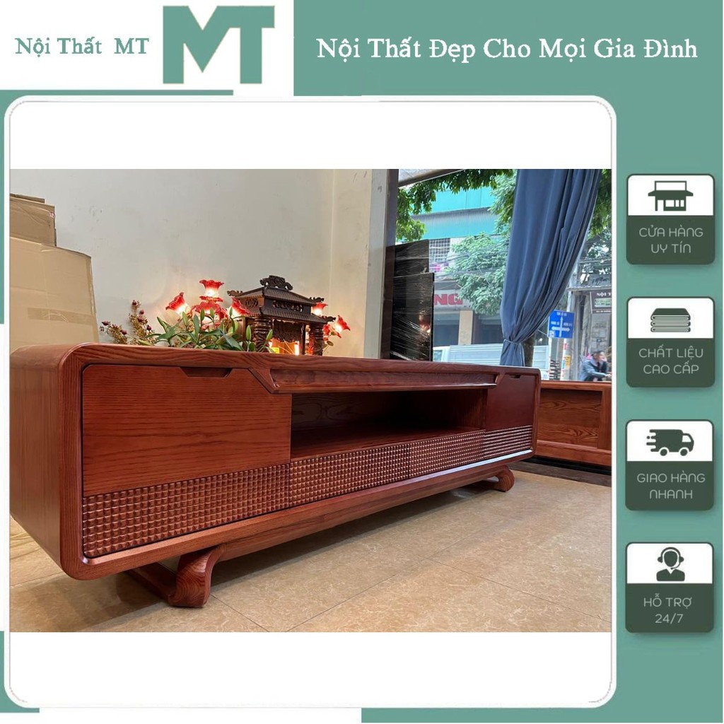 Kệ TV, giá đỡ tivi, vô tuyến gỗ sồi Nga chân xoắn, cánh đục cnc góc cạnh bo tròn an toàn
