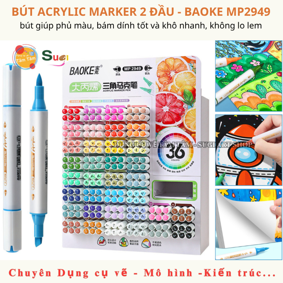 [ Gò Vấp ] ( Cây Lẻ ) Bút Acrylic Marker 2 Đầu Baoke MP2949 , Bút Marker Acrylic sử dụng trên nhiều 