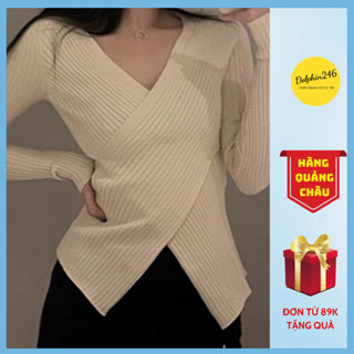 Áo len nữ dài tay trễ vai dệt kim nhiều màu phối vạt chéo phong cách hàn quốc thu đông G-4.2