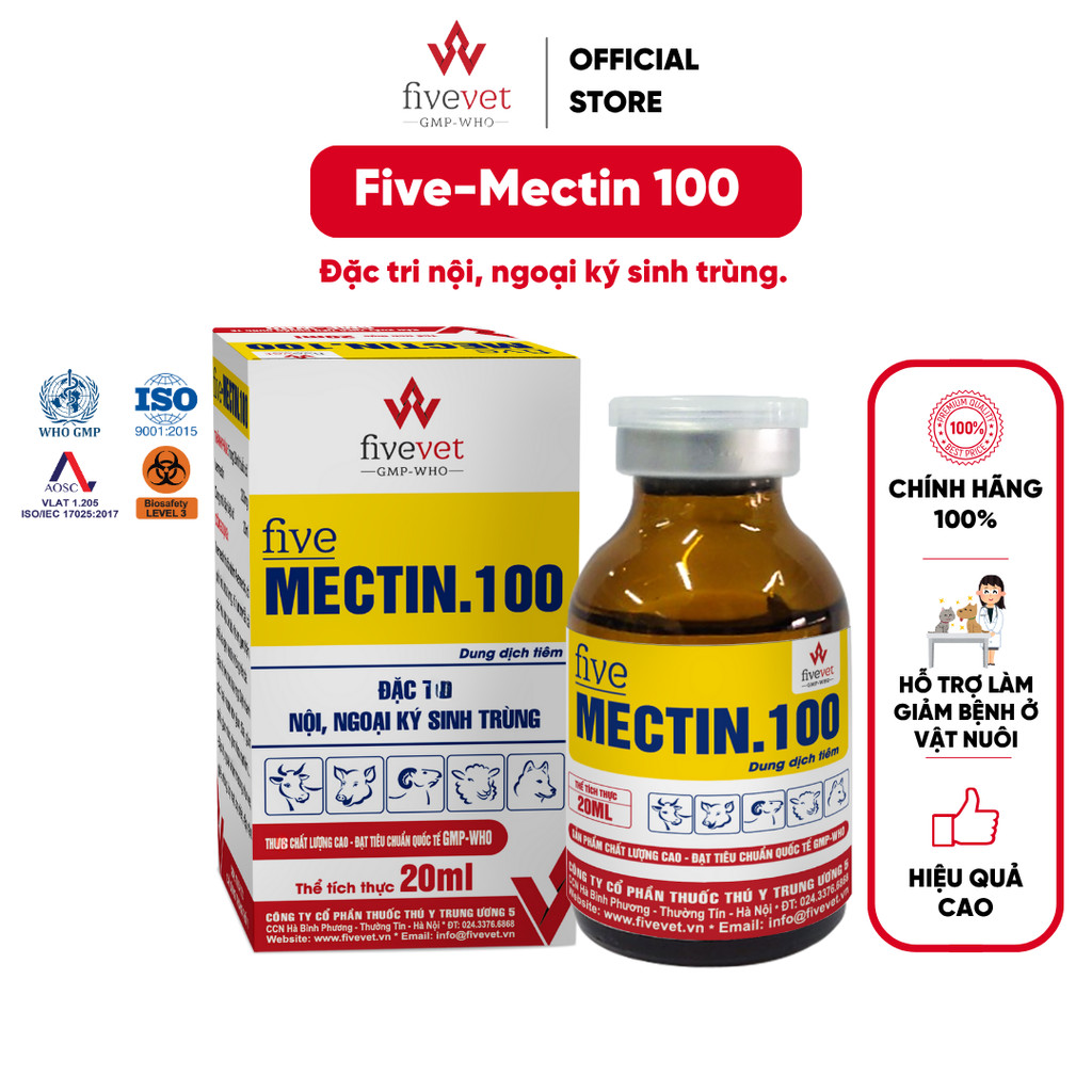 Five-Mectin 100 Hỗ trợ trị ký sinh trùng trong và ngoài cho vật nuôi Phổ rộng hiệu quả