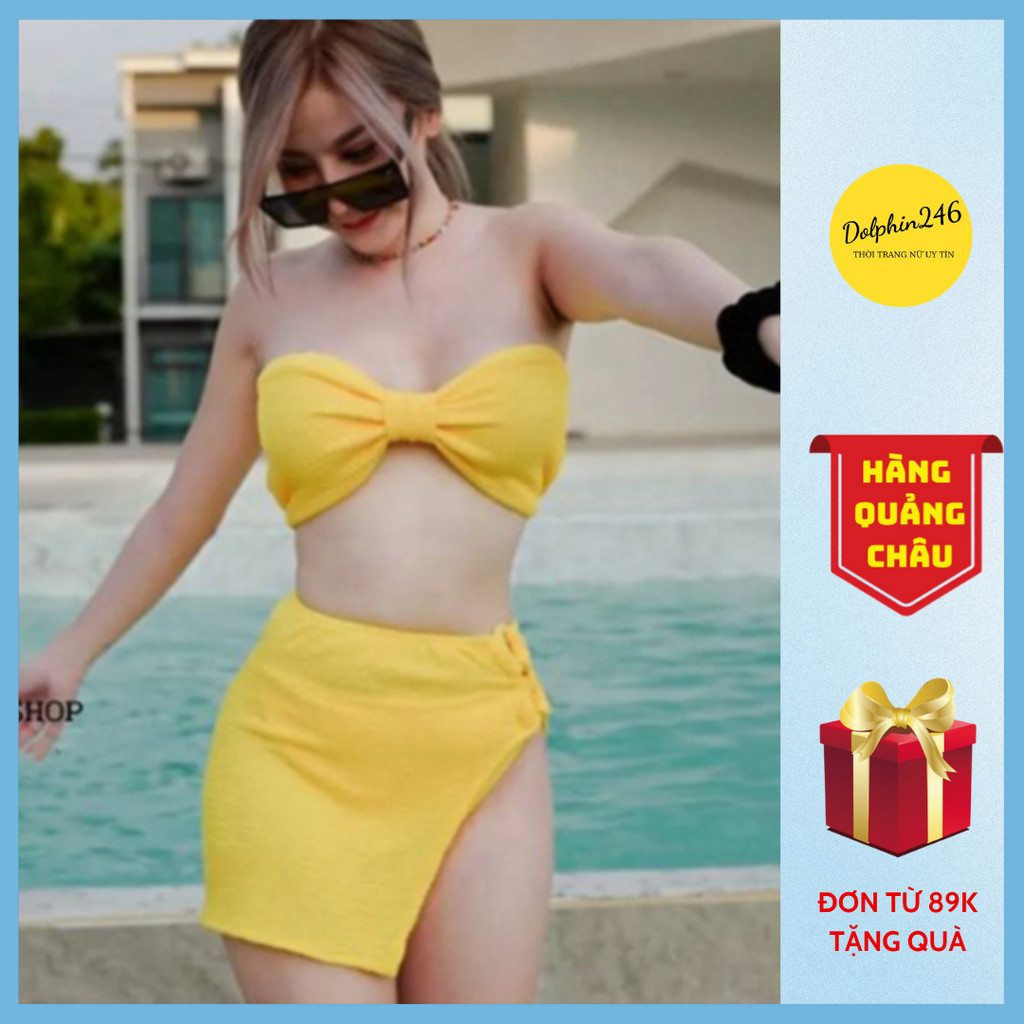 Bikini cho nữ đi biển Dolphin246 set 3 chi tiết áo nơ cúp ngực quần tam giác kèm quây xẻ tà tôn dáng