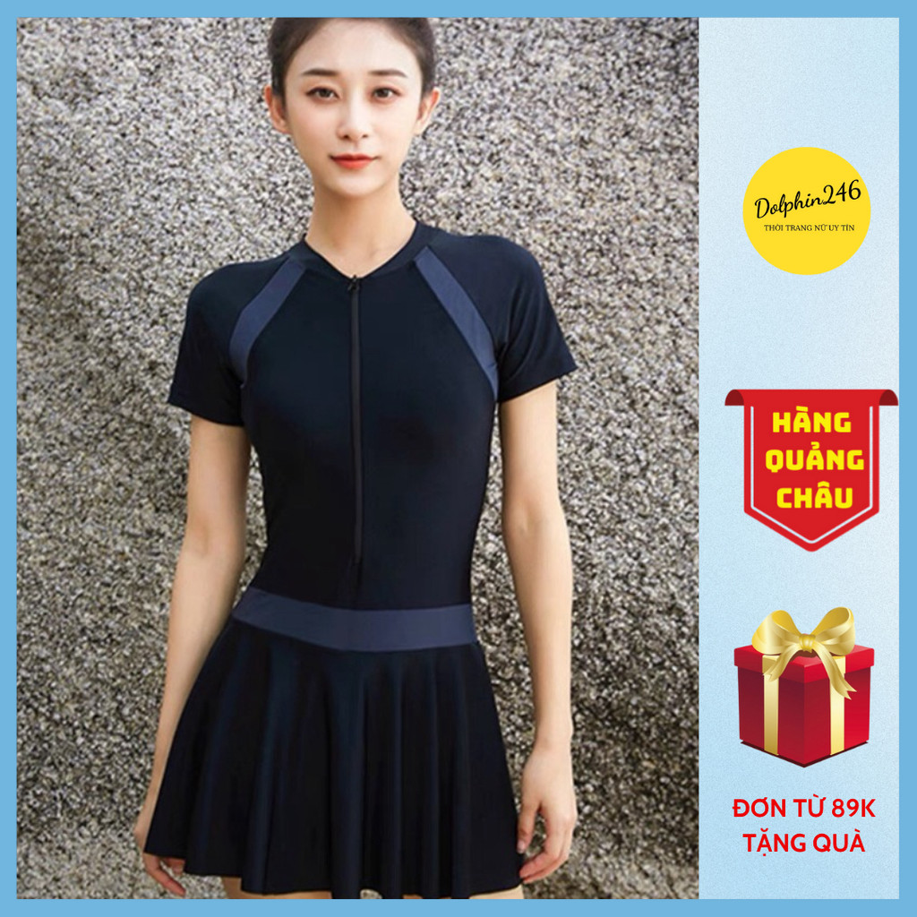 Bộ bikini 1 mảnh liền thân dáng váy đi biển đồ bơi kiểu Hàn kín đáo màu đen khóa zíp kéo trước đai p