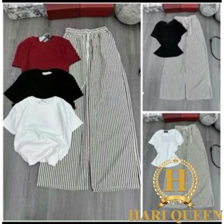 Sét bộ áo thun babytee trơn zip kèm quần Kẻ sọc chất kate siêu xinh phong cách Hàn Quốc HARIQUEEN