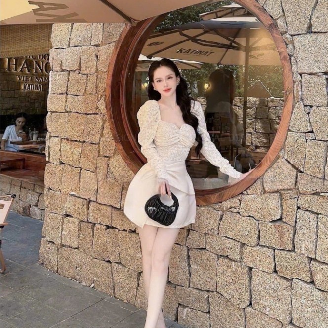 váy nữ xinh nhẹ nhàng,váy ren bướn tay dài chân váy nơ khuy đá C606 quynhnhi(z1)
