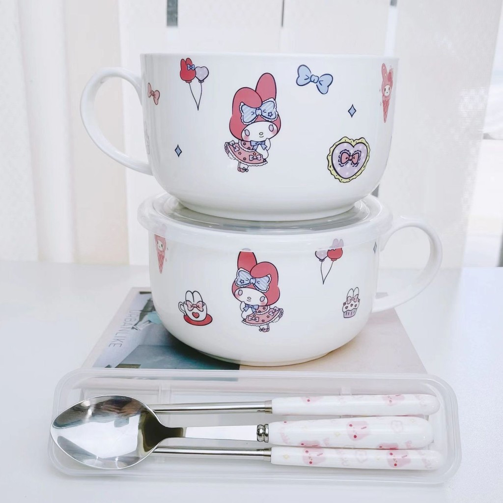 Bát mì ăn liền hoạt hình bằng gốm có nắp, dung tích lớn, dễ thương, hình trái tim My Melody, đồ dùng