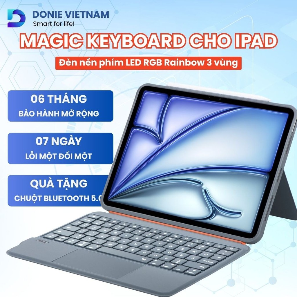 [Trackpad phím LED] Bao Da iPad Air/Pro 2018-2024/M1/M2/ Gen 10/11 A16 RGB Rainbow 3 vùng, hỗ trợ sạ
