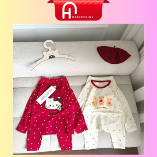 Set 2 bộ dài tay bé gái cherry bear và lovely kitty tone đỏ kem dễ thương - HNOrderChina 