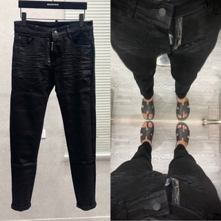  Quần jean bò nam Dsq2 slimfit đen trơn khoá lệch dập nhăn 3D đùi phối 4 cúc cài dáng đơn giản QJ373P 