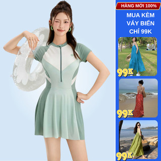 Đồ bơi nữ dáng váy bikini 1 mảnh liền thân có quần bảo hộ tay ngắn phối màu trẻ trung hotrend 2025 196 D9T4 K08