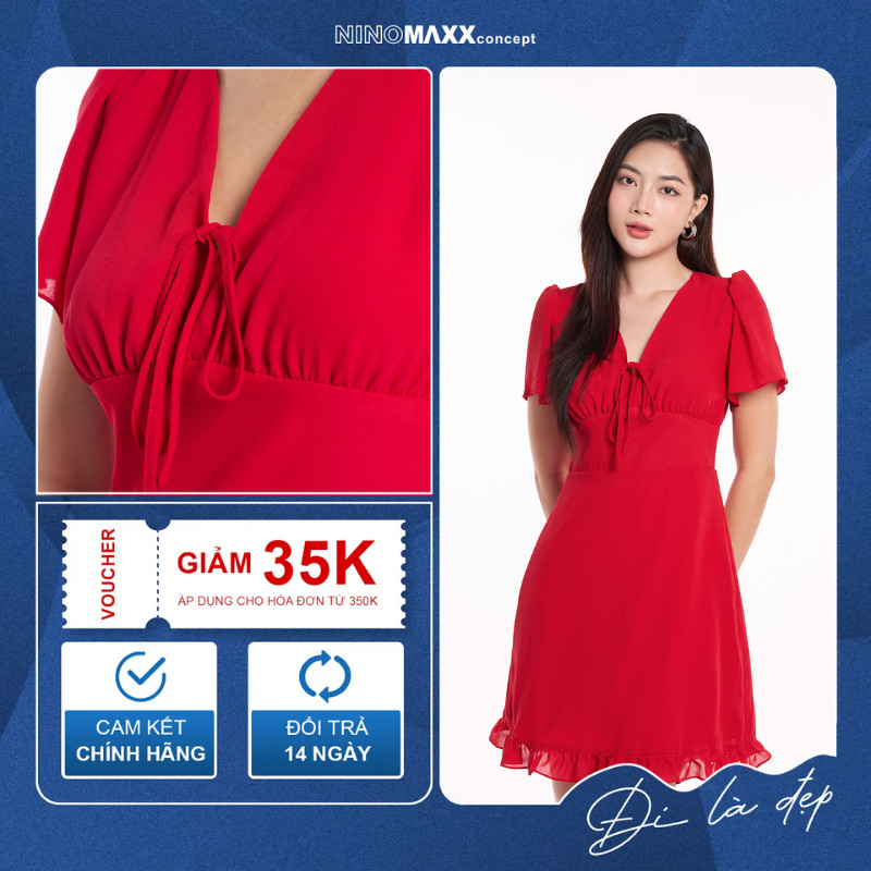 Đầm Nữ Đỏ Váy Xòe Thời Trang Dạo Phố Công Sở NINOMAXX 2409002