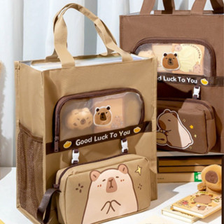 Túi Xách Học Thêm 2in1 Kèm Hộp Đựng Bút Tiện Dụng Cho Học Sinh - Cặp đi học thêm Capybara kute