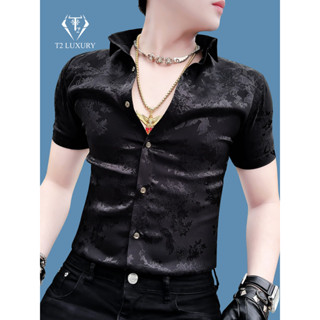 Áo sơ mi nam ngắn tay vải gấm dệt kim hoa nổi cao cấp