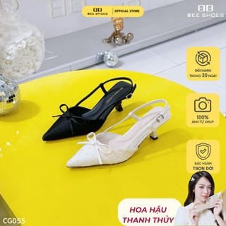 Guốc nữ BEESHOES hở gót mũi nhọn gót nhọn cao 7 phân sẵn màu kem - đen CG055 (Form 1.5)