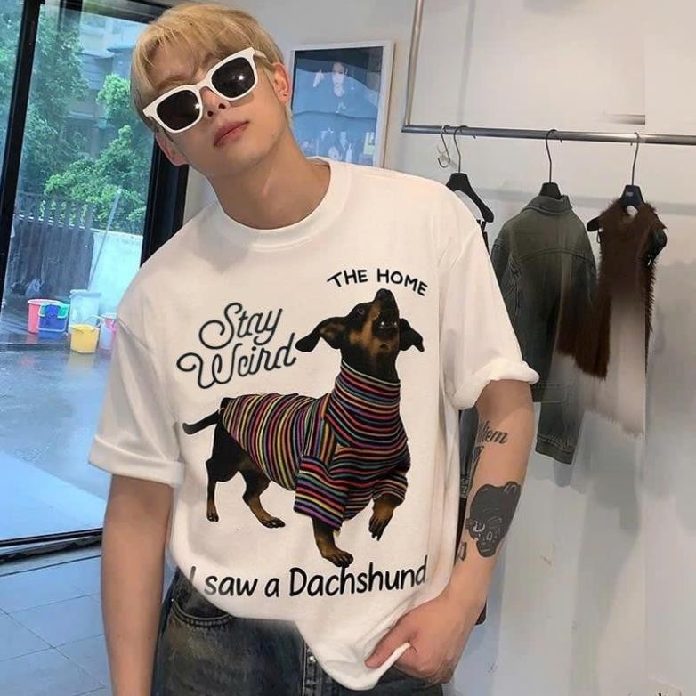 Áo thun Cổ tròn THE HOME cún sọc Unisex Cotton su thoáng mát ut