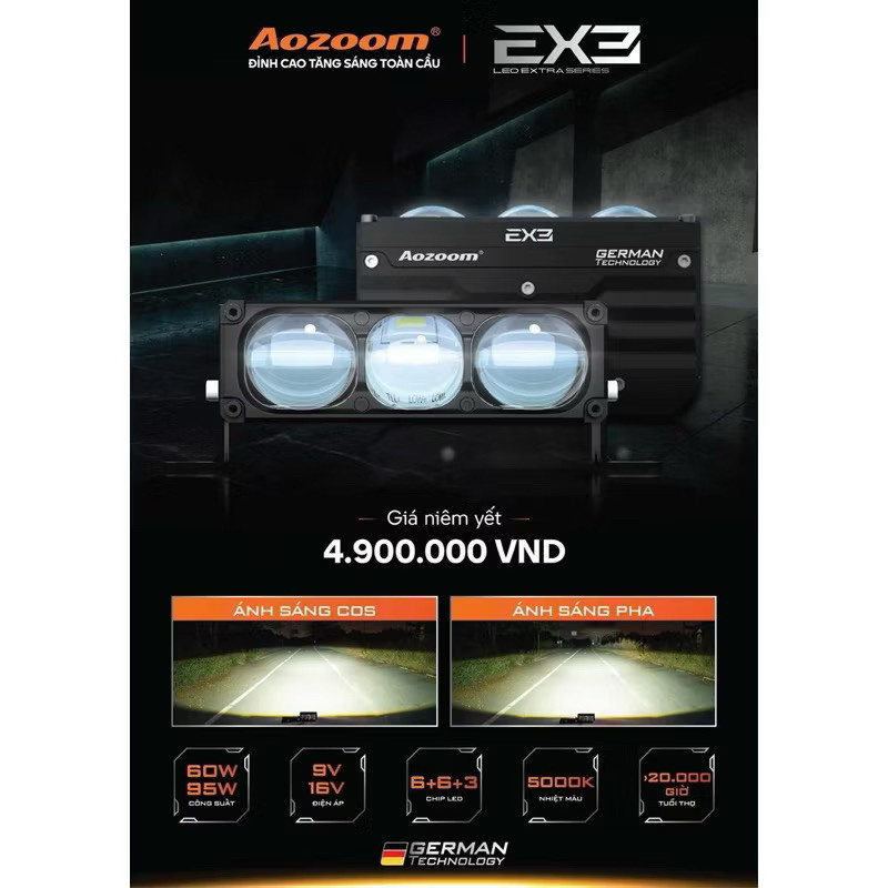 Đèn Bi Led 3 Mắt Aozoom EX3. Trợ Sáng Dẹt 3 mắt E06L