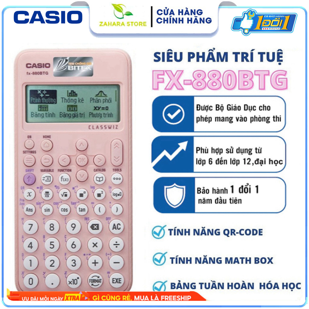 Máy tính Casio Fx-880BTG màu Hồng mới nhất cho học sinh - Máy tính giá rẻ, hàng Thái bảo hành 24 thá