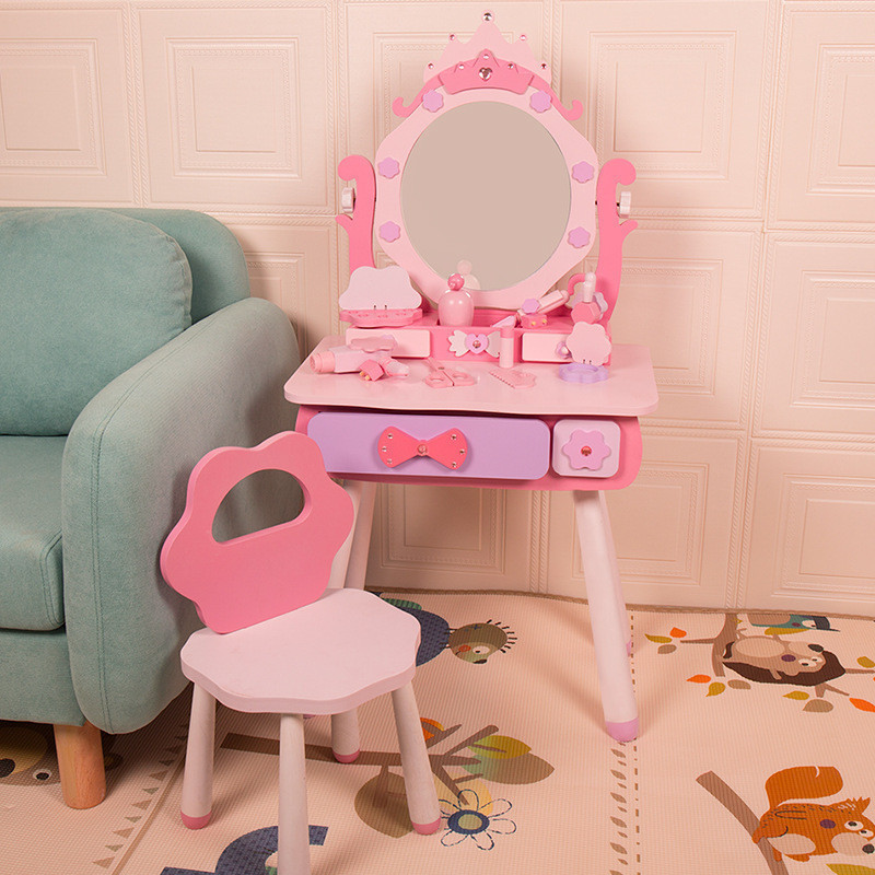 Wooden children's purple princess dressing table, girl's family jewelry, toy gift set 3+