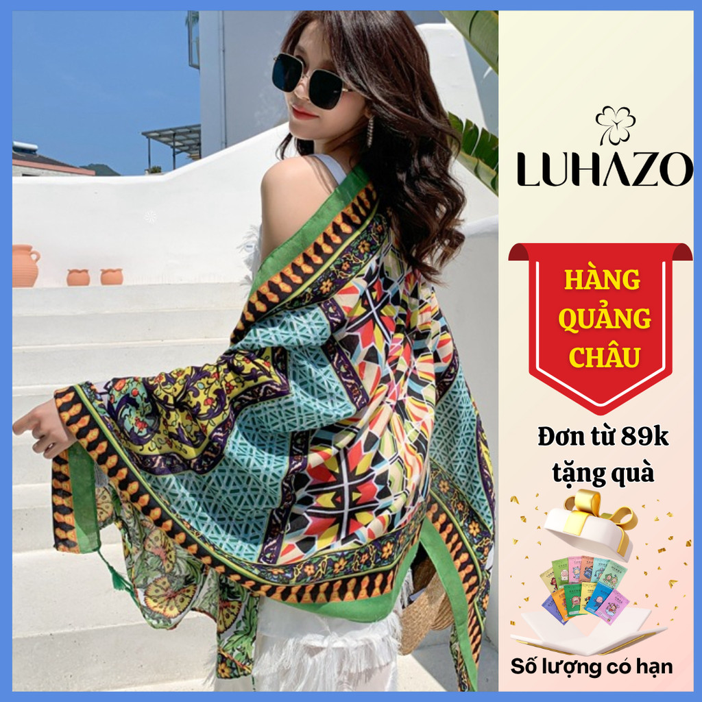 Khăn choàng đi biển boho nhiều màu sắc cho nữ LUHAZO họa tiết thổ cẩm dài rộng chống nắng bikini