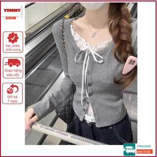 Áo thun nữ phối ren Yummy mùa thu, Áo khoác len mỏng cài nút phối ren tiểu thư AT31