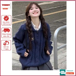 Áo len vặn thừng nữ Yummy cổ sơ mi, Áo len cổ sơ mi phối khóa kéo phong cách vintage Hàn Quốc AL22