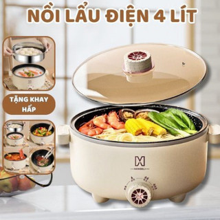  Nồi lẩu điện mini nồi điện đa năng kèm xửng hấp inox dung tích 4L tiết kiệm điện 
