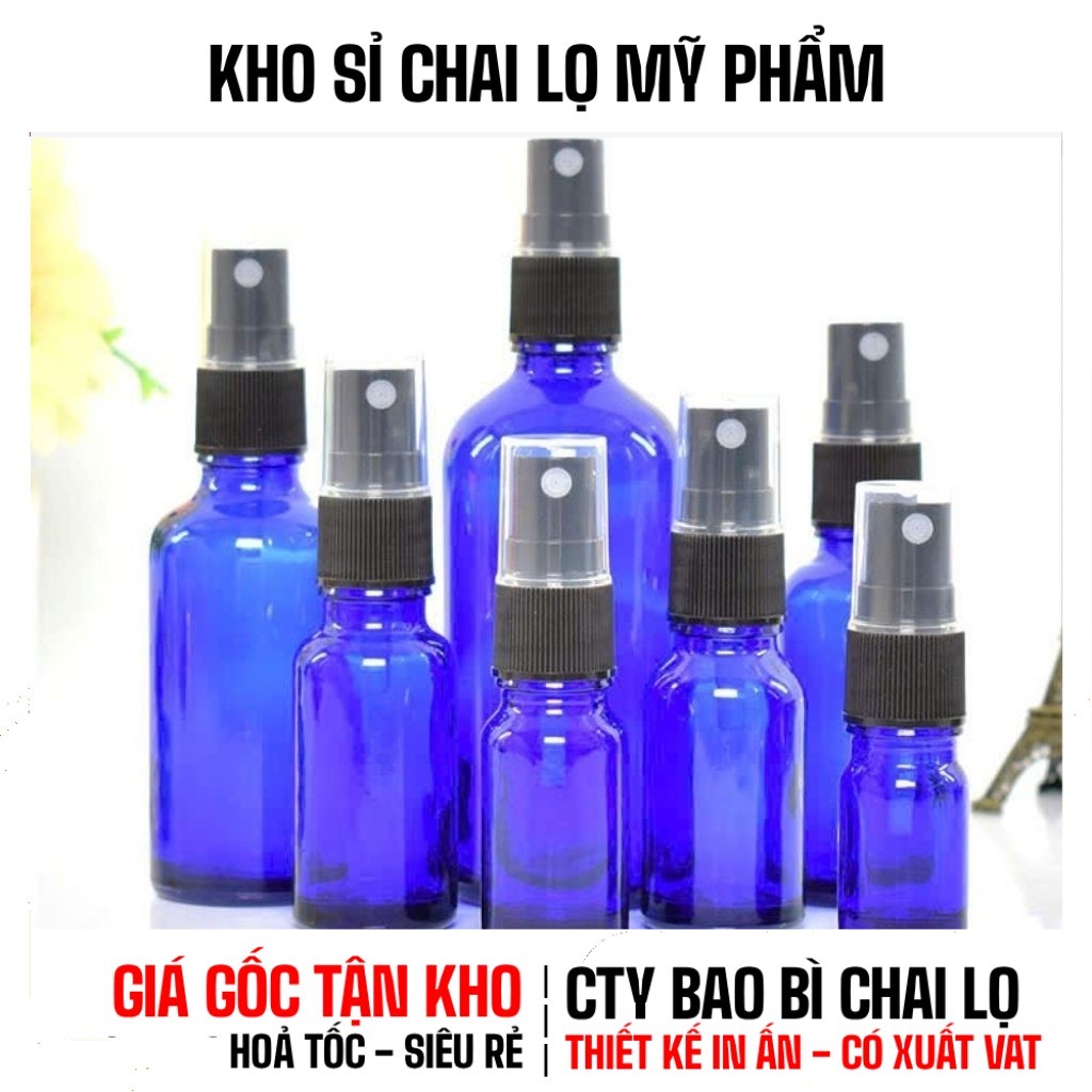 [COMBO 5 CÁI] Chai Xịt Phun Sương Thủy Tinh 10ml/20ml/30ml Xanh Dương, Chiết Nước Hoa, Tinh Dầu