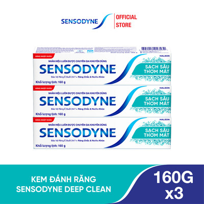 Bộ 3 Kem đánh răng SENSODYNE Deep Clean 160g giúp giảm ê buốt hiệu quả, sạch sâu cho hơi thở thơm mát