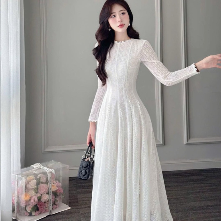 Váy trắng dài tay màu trắng siêu tôn dáng kiểu váy xòe chất vải ren phù hợp đi làm đi dự tiệc ANH FA
