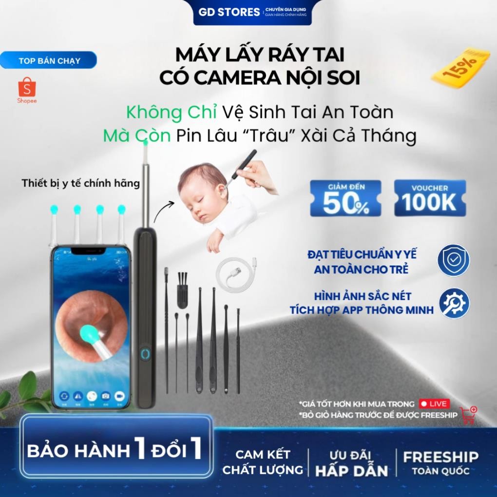 <BẢN NÂNG CẤP> Dụng Cụ Lấy Ráy Tai MEGUN NE3 Pro Có Gắn Camera Nội Soi Full HD Có Pin Sạc Bảo Hành 1