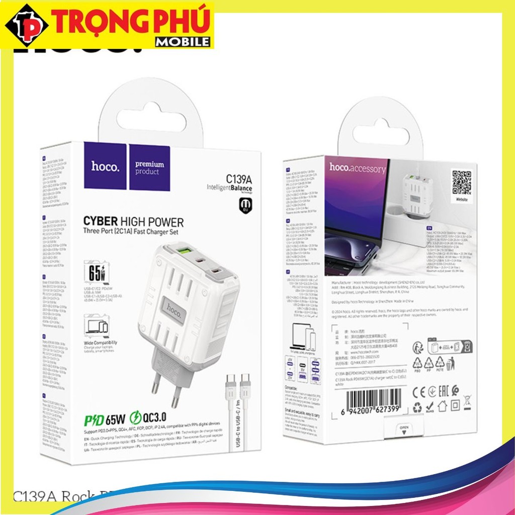 Bộ sạc Hoco C139A PD65w (2C1A) typeC-TypeC