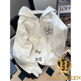  Áo Khoác Hoodie Sweater Logo Mèo Khóc In Xương Túi Basic Cute Nỉ Cotton Form Rộng Nam Nữ Khóa Kéo Mũ Hai Lớp HARIQUEEN 
