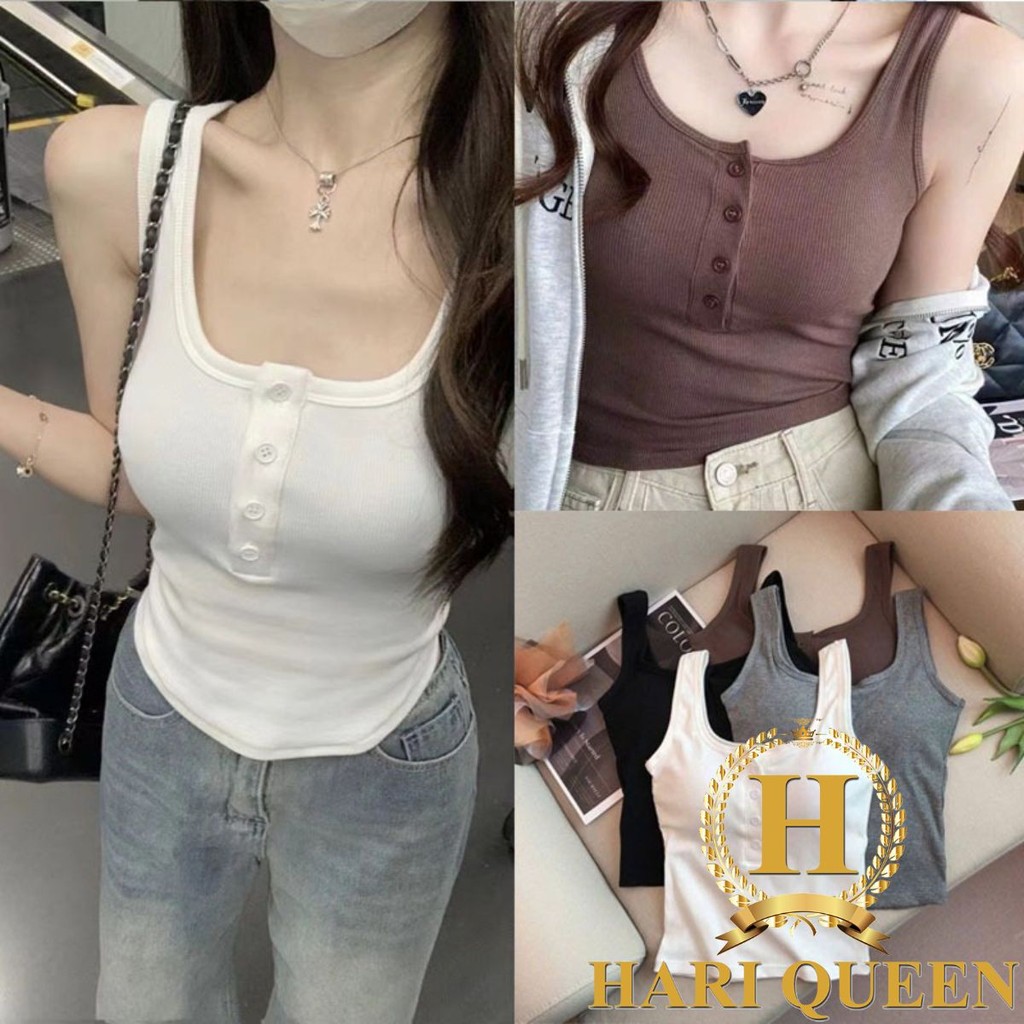 Áo Ba Lỗ Nữ Khuy Cài Kèm Mút Ngực HARIQUEEN - Áo Croptop 2 Dây Bản To Kiểu Dáng Trẻ Trung