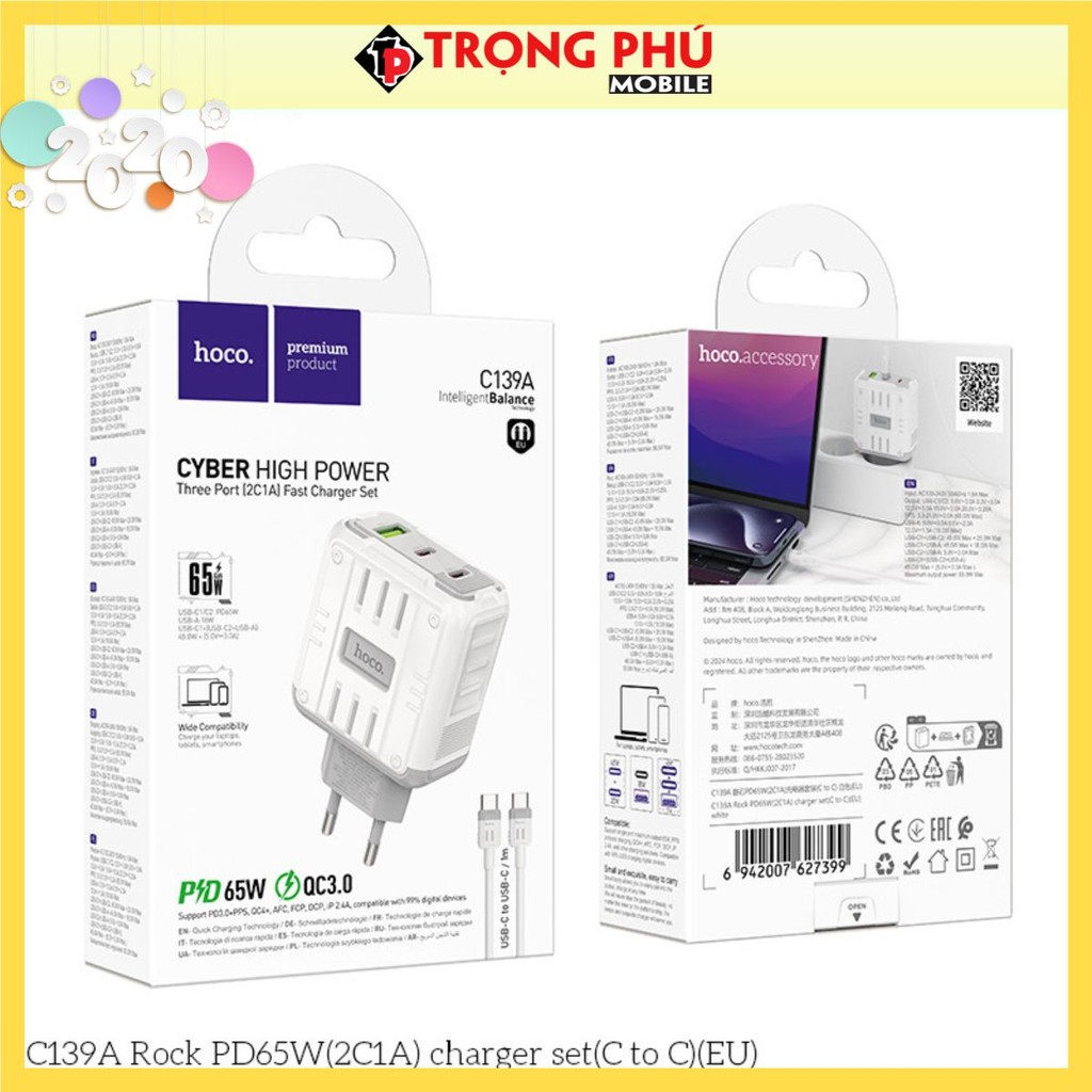 Bộ sạc Hoco C139A PD65w (2C1A) typeC-TypeC - hot
