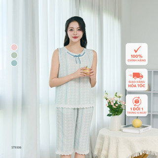 Đồ bộ mặc nhà nữ đũi nhăn SUNFLY áo sát nách quần ngố ST9306