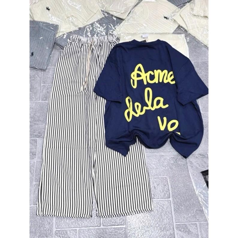 Set áo Áo su ac me dela vie mix quần xuông kẻ dọc