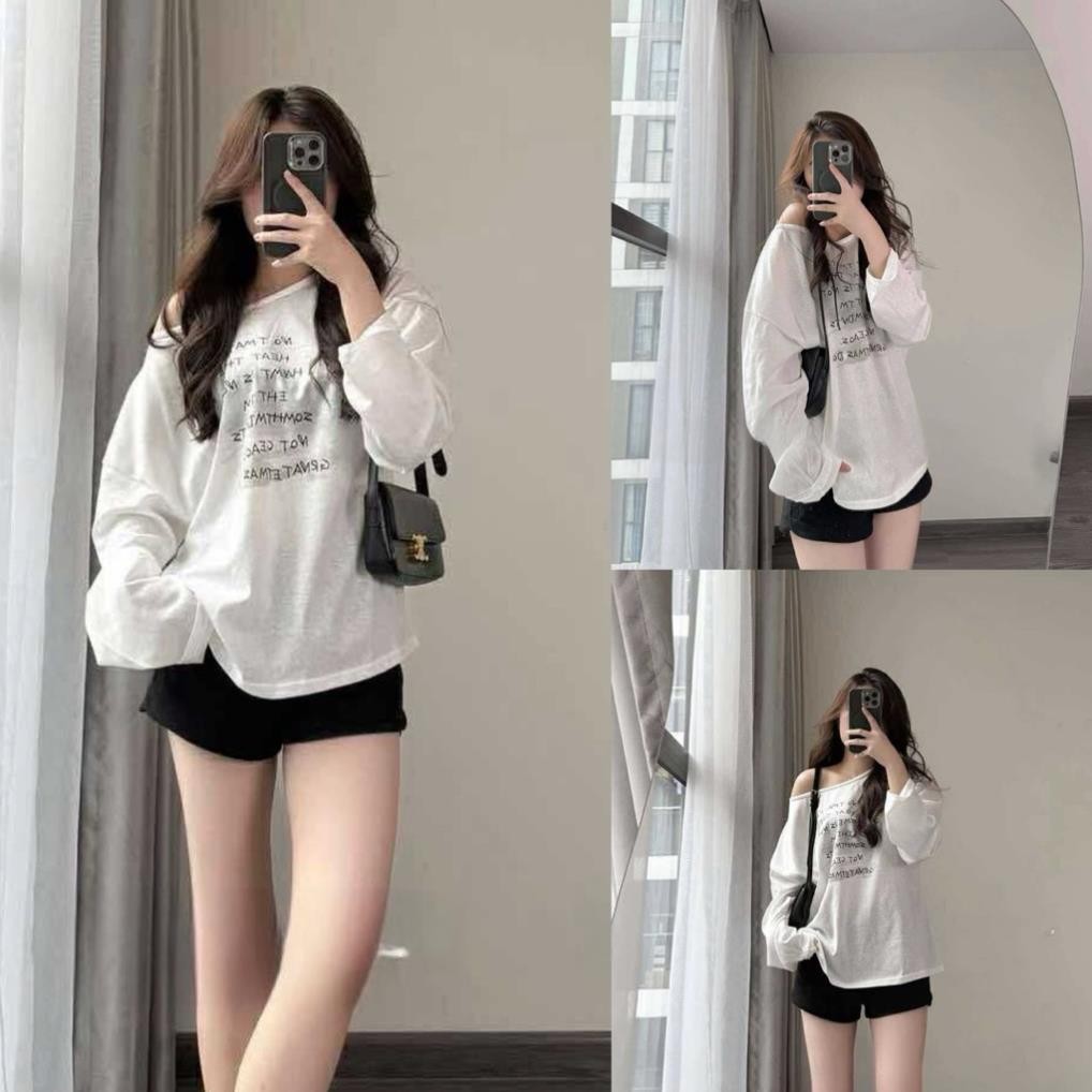 Áo thun xước lệch vai dài tay in chữ . Áo phông giấy mỏng dáng suông sexy UT