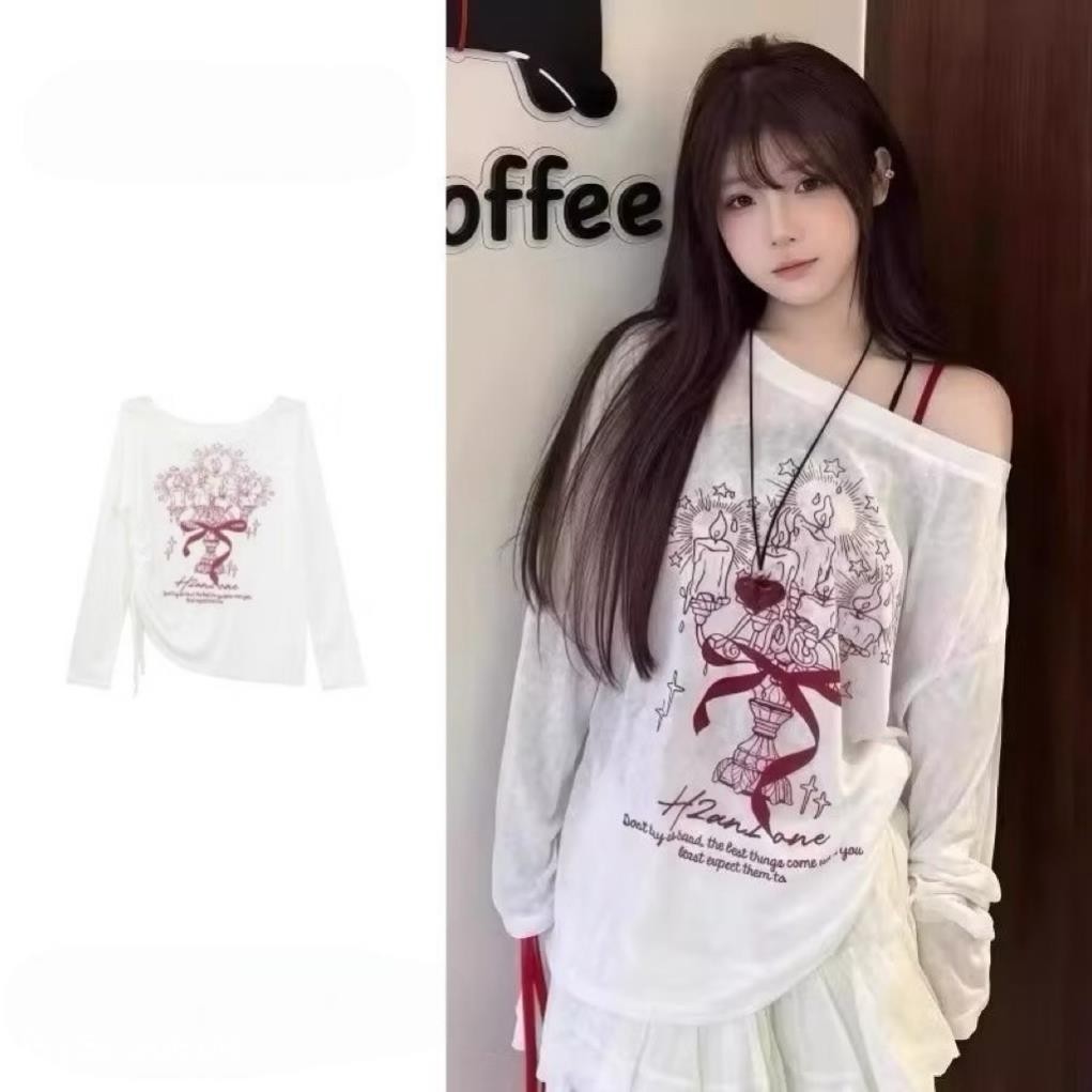 Áo Thun Xước Lệch Vai Dài tay In NƠ Nữ. Áo phông giấy mỏng dáng suông ôm  ulzzang sexy UT