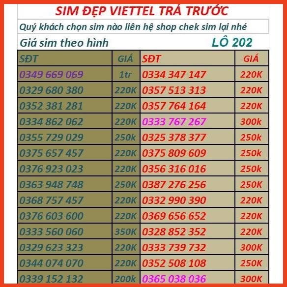 SIM VIETTEL SỐ ĐẸP CHỌN SỐ TẠI ĐÂY- ĐĂNG KÝ ĐƯỢC CHÍNH CHỦ QUA MY VT VÀ C/H VIETTEL LÔ 72