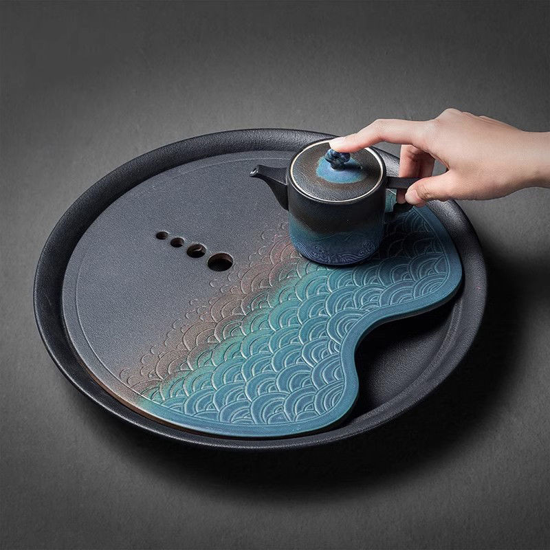 Khay trà tròn gốm sứ, khay trà bong bóng khô, khay trà gia đình, bộ trà Kung Fu, khay trà biển