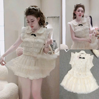 Set Váy Nữ Áo Cổ Sen Ren Nơ Tay Cộc Bèo + Chân Váy Voan Tầng | Phong Cách Tiểu Thư Duyên Dáng