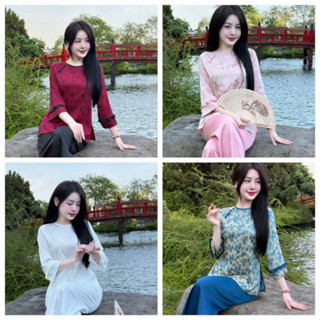   Set Lễ Hội Sang Trọng  Áo Lụa Tay Bèo Nút Hoa Mix Quần Ống Rộng Nhung Cao Cấp – 4 Màu Thanh Lịch Cho Nữ 