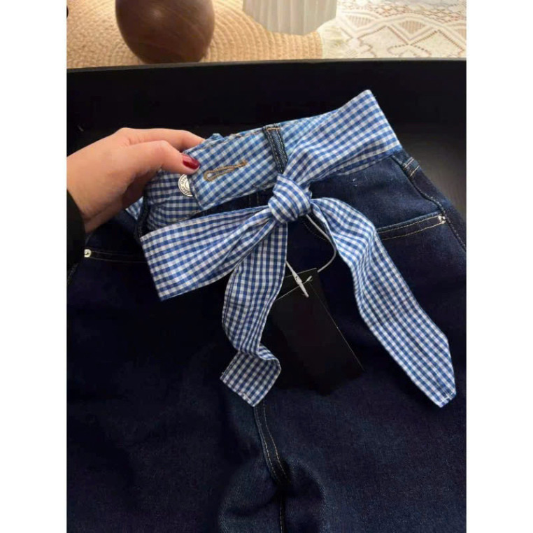 Quần jean ống xuông lưng cao phối nơ caro siêu xinh, Quần bò ống rộng xanh nơ basic đơn giản dễ phối