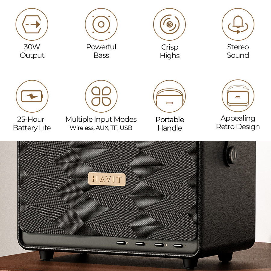 Loa Bluetooth HAVIT Classic II, BT 5.3, Công Suất 30W, Thiết Kế Retro, Âm Bass Sống Động, Nghe Đến 25H - Hàng Chính Hãng | BigBuy360 - bigbuy360.vn