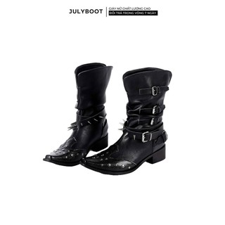  Giày Boot nữ Bốt Martin Mũi Nhọn Phối Đinh tán Cao Bồi Màu Nâu Kaki Thêu Họa Tiết Phong Cách Âu Mỹ Mới Cho Nữ dinh1 