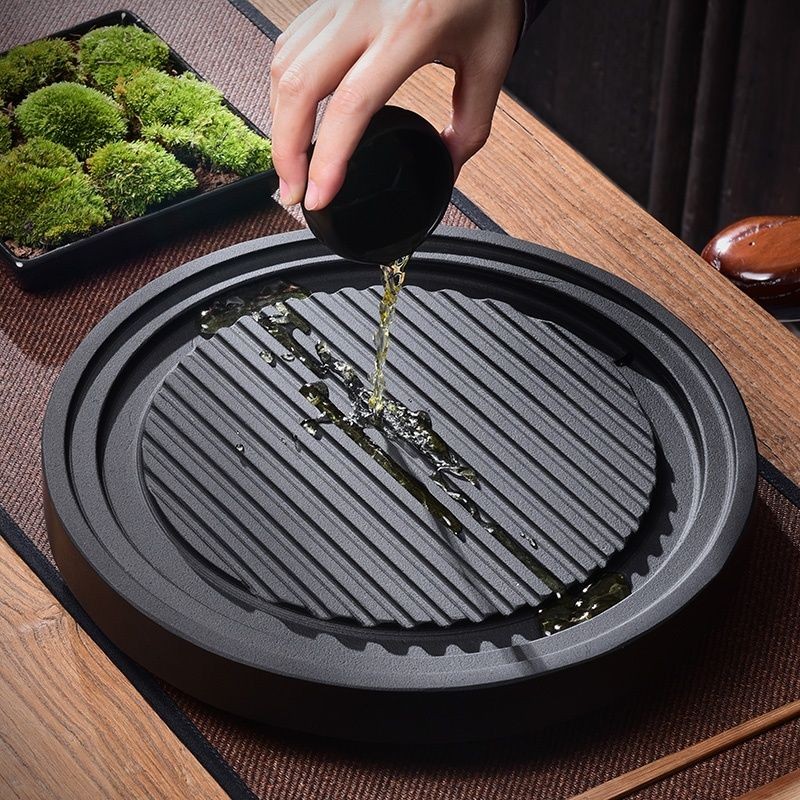 Khay trà đá vàng đen tròn nhỏ, bàn trà đơn giản, khay pha trà khô gia đình, khay trà lưu trữ nước, k