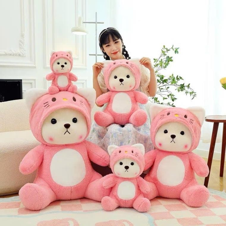 Gấu Bông Lena Teddy Bear Cosplay Hello Kitty ANVIHOME Lena Đội Mũ Hello Kitty Màu Hồng (Mũ có thể th
