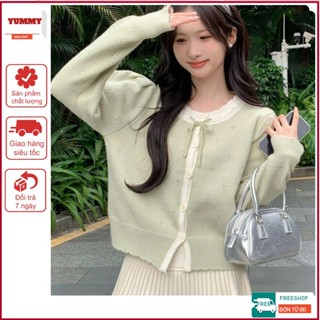 Áo cardigan dệt kim YUMMY dáng lửng, Áo khoác len phối nơ cổ màu pastel ngọt ngào dễ thương CA29