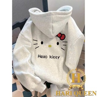 Áo Khoác Hoodie Sweater Logo Mèo Nơ Đỏ In Chữ Trước Sau Cute Nỉ Cotton Form Rộng Nam Nữ Khóa Kéo Mũ Hai Lớp HARIQUEEN